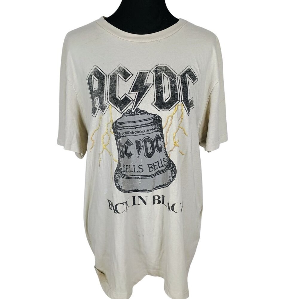 ACDC Shirt Men Large Cream Band Tee‎ Rock & Roll Angus Back in Black